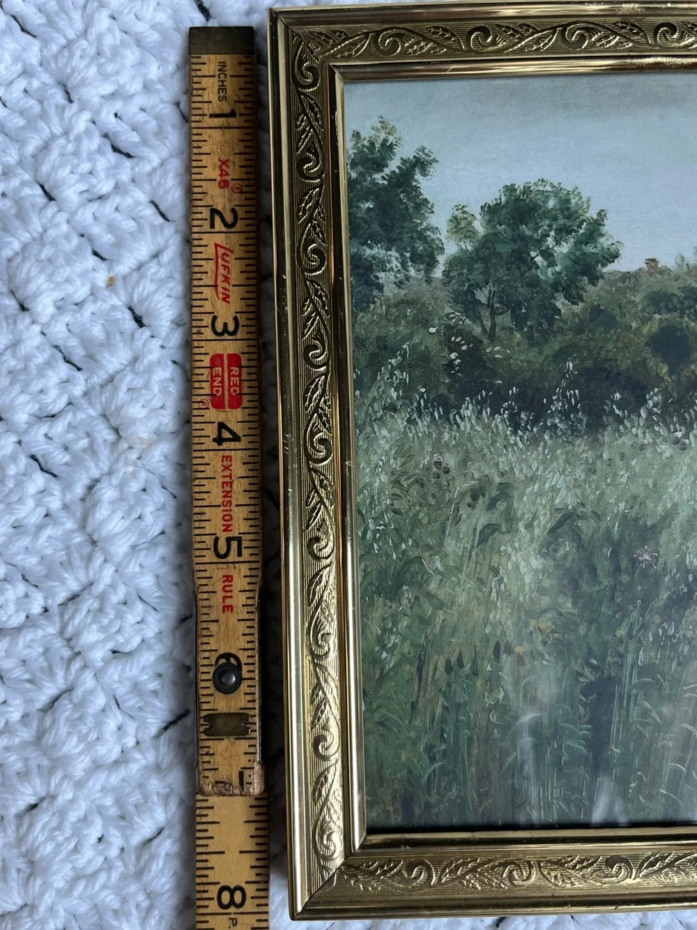 Gold Ornate Table Picture Frame with Green Landscape Art - solid brass